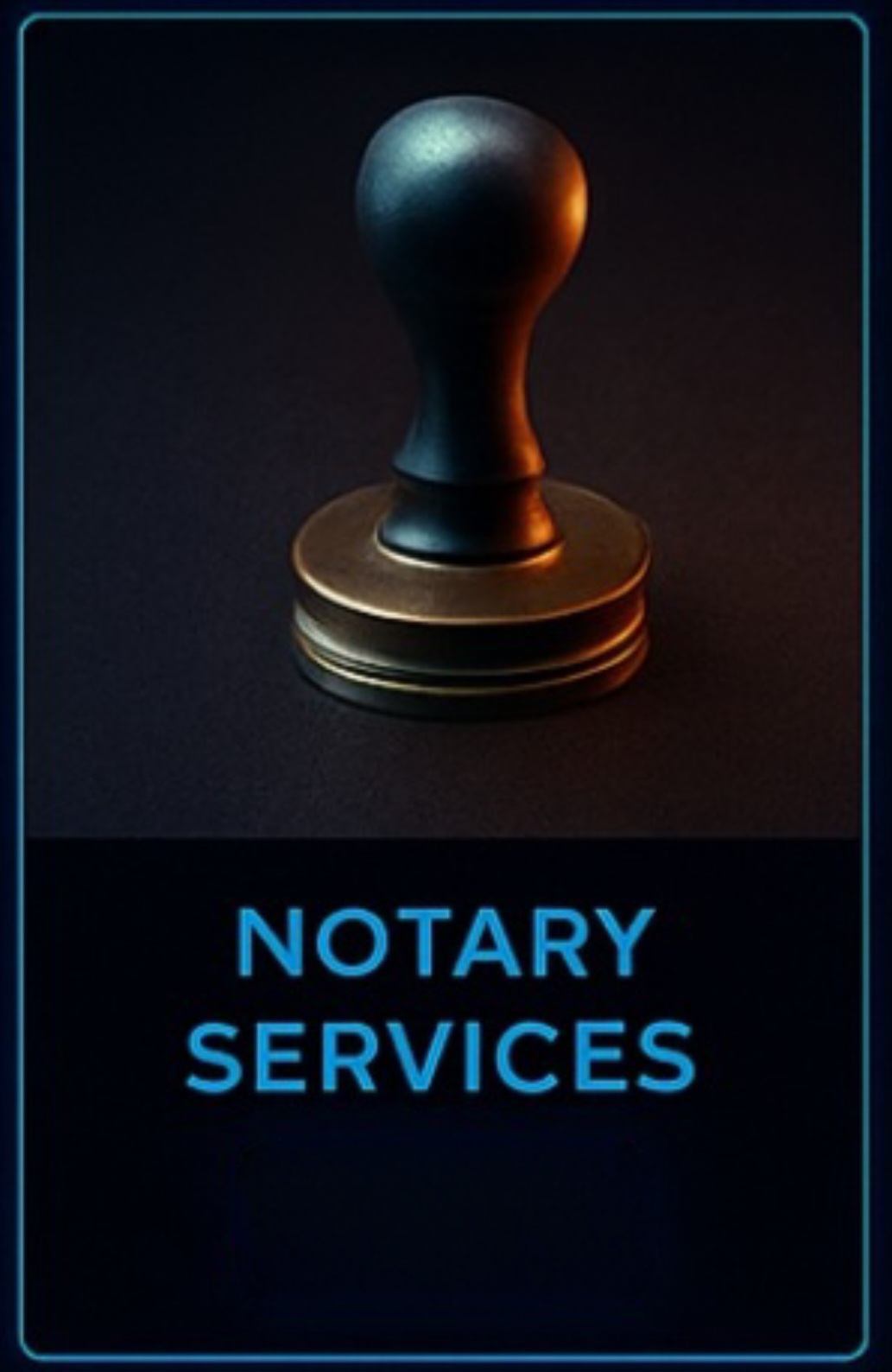 Notary stamp and documents on a wooden desk.